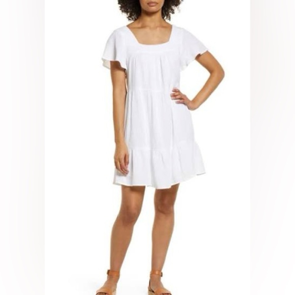 Beach Lunch Lounge white tiered cotton mini dress with square neckline size L